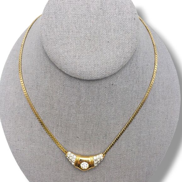 Crown Trifari Gold Tone Chain Rhinestone Center Collar Necklace Vintage Retro - Picture 10 of 11